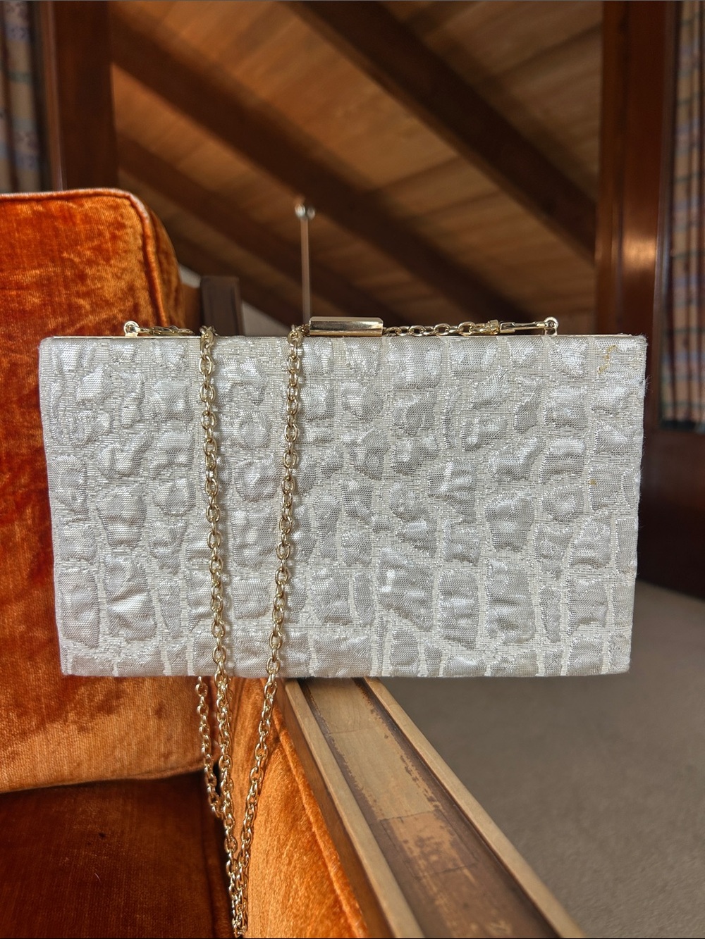 Noir Sachin & Babi cream and gold textured evening bag with a gold chain